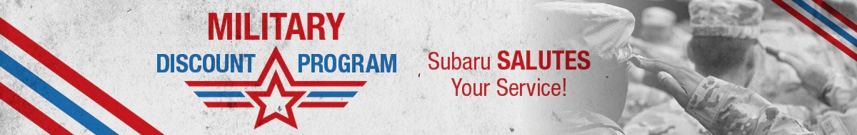 Military Discount Program logo. 'Subaru SALUTES Your Service!'