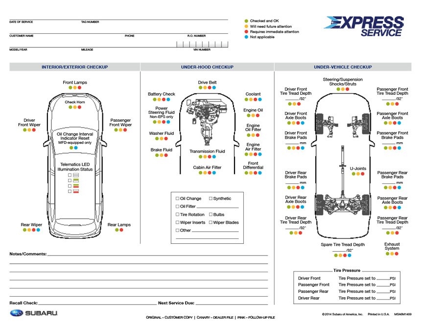 Subaru Multi-Point Inspection Form Image