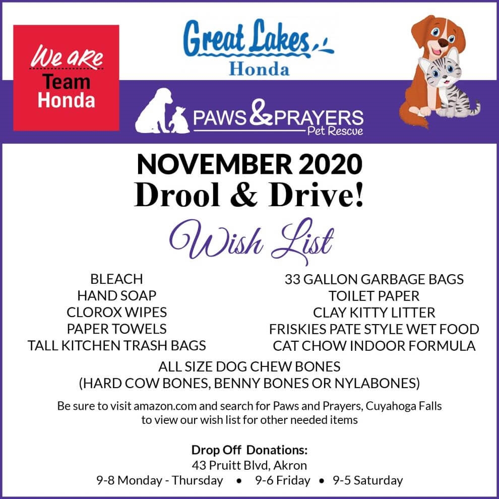 Paws & Prayers Pet Rescue event sign, sponsored by Great Lakes Honda