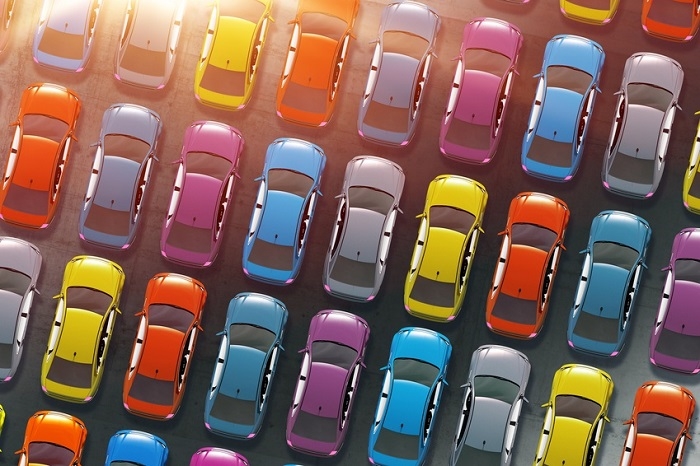 aerial view of sedans on car lot illustration