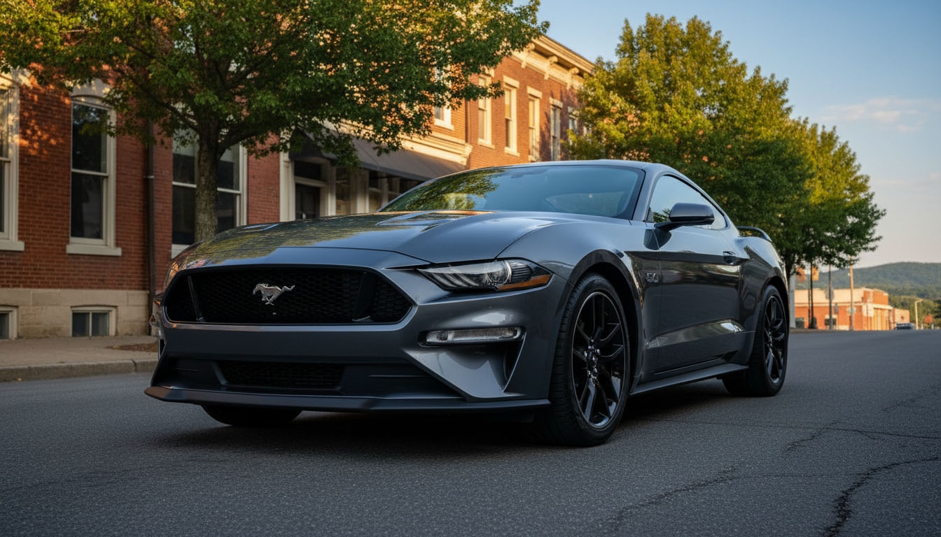 A sleek, deep metallic gray 2026 Ford Mustang Dark Horse, gleaming under the warm glow of a late afternoon golden hour, parked dynamically on a tree-lined street in downtown Greensboro, North Carolina, viewed from a slightly low, three-quarter front angle, showcasing its athletic lines and aggressiv