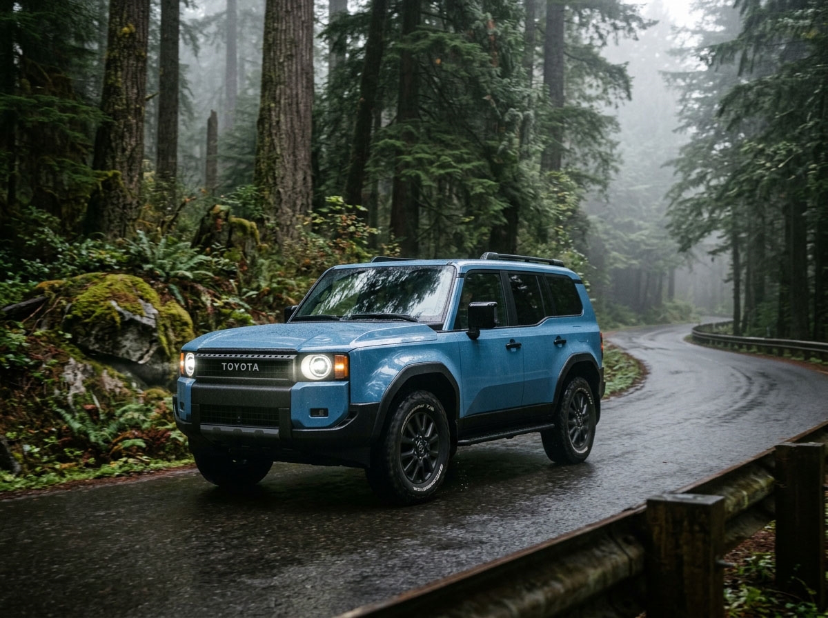 A 2026 Toyota Land Cruiser in a classic heritage blue finish, driving along a winding, wet asphalt road through the lush, misty evergreen forests of the Pacific Northwest, the vehicle’s boxy silhouette and round LED headlights emerging from the fog, towering Douglas fir trees and moss-covered rocks 