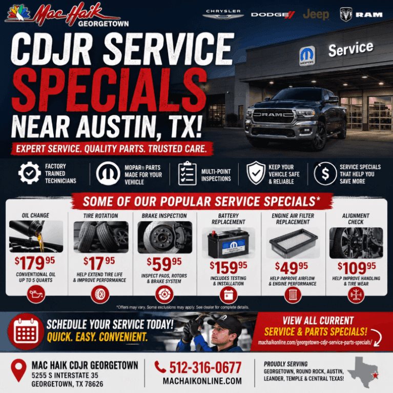 CDJR Service Specials Near Austin Oil Changes • Tires • Brakes • Batteries • Filters Mac Haik Dodge Chrysler Jeep Ram of Georgetown