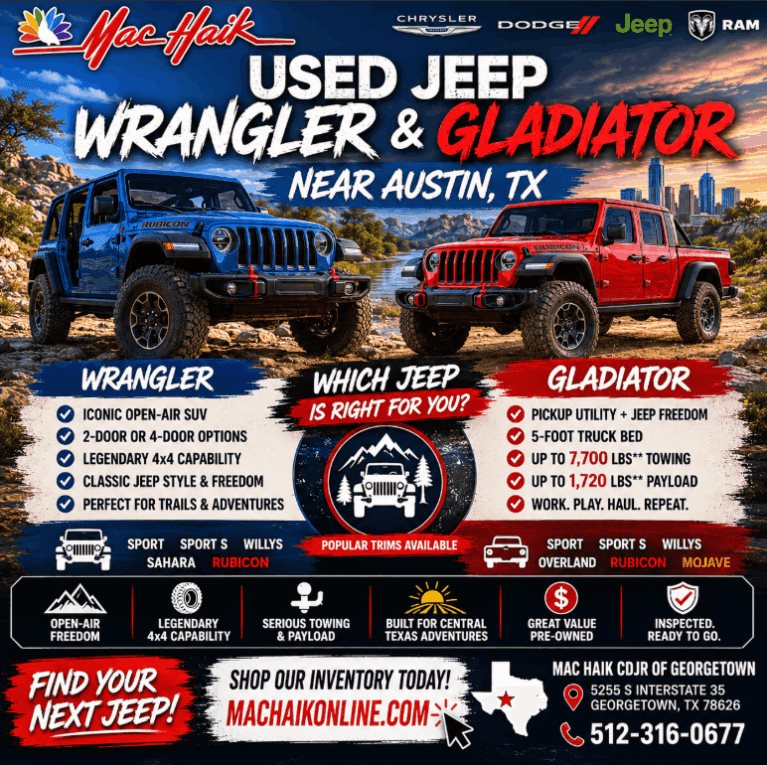 Used Jeep Wrangler & Gladiator Near Austin Open-Air Freedom, 4x4 Capability, Jeep Value Mac Haik Dodge Chrysler Jeep Ram of Georgetown