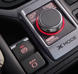 A close-up on a drive mode shifting knob inside a Subaru vehicle.