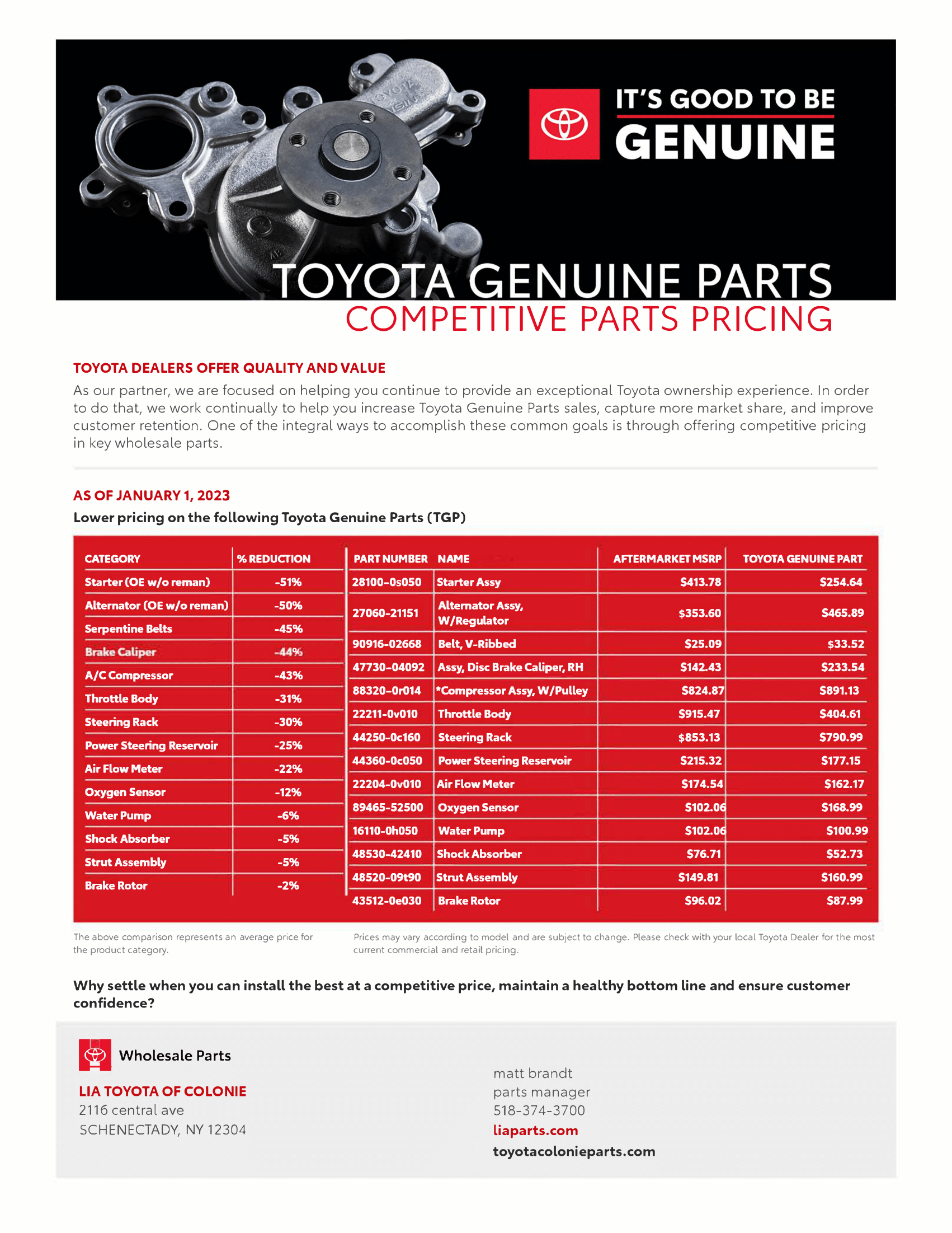 Toyota Genuine Parts Price Comparison | Lia Toyota of Colonie