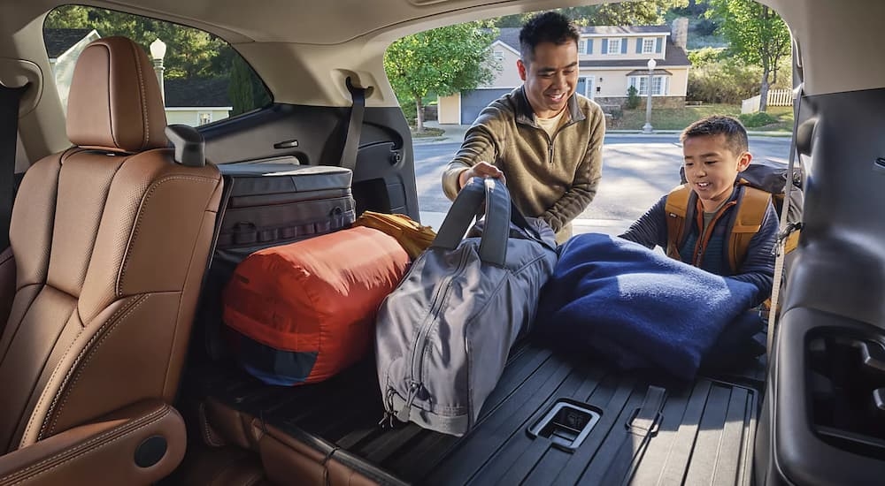 A father and son are shown putting luggage into the rear storage area of a 2023 Subaru Ascent.