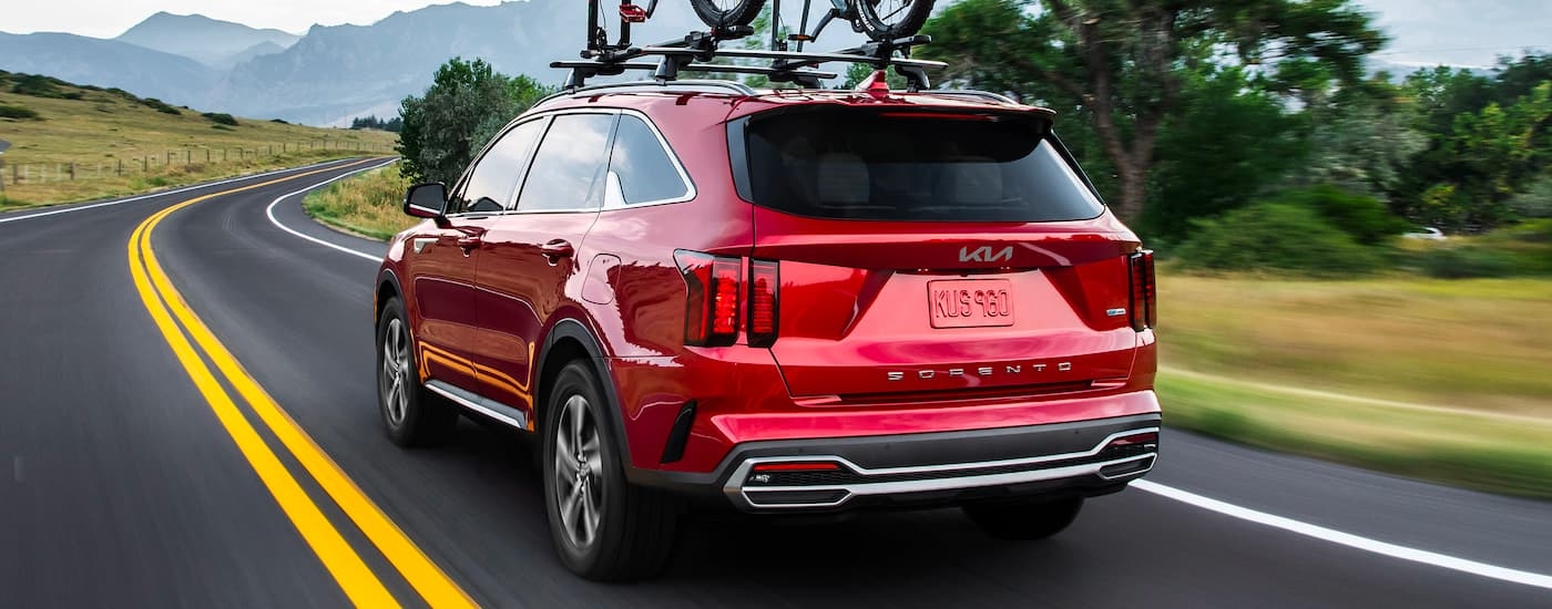 A red 2022 Kia Sorento Hybrid is shown from a rear angle with bikes on the roof.
