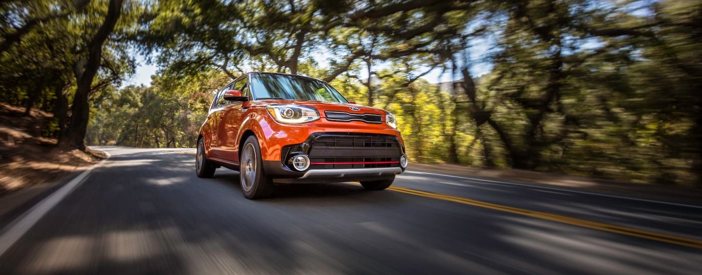 An orange 2019 Kia Soul is shown driving on a tree-lined road.