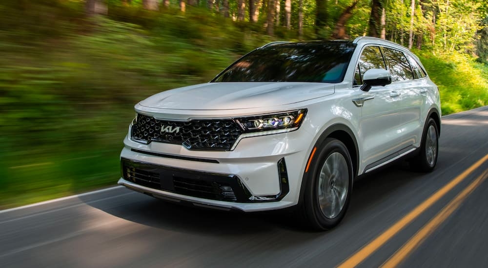 A white 2022 Kia Sorento is shown driving on a tree-lined road.