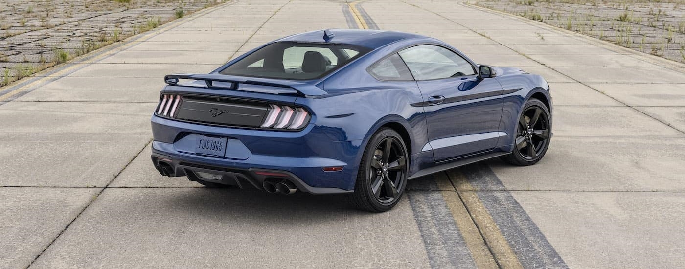 A blue 2022 Ford Mustang Stealth Edition is shown from the rear parked on pavement.