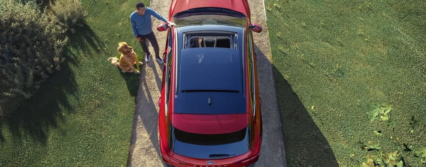 A red 2023 Ford Escape is shown from a high angle while parked in a driveway.