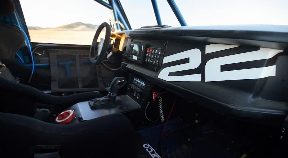 A close up shows the interior and dash in a 2023 Ford Bronco DR.