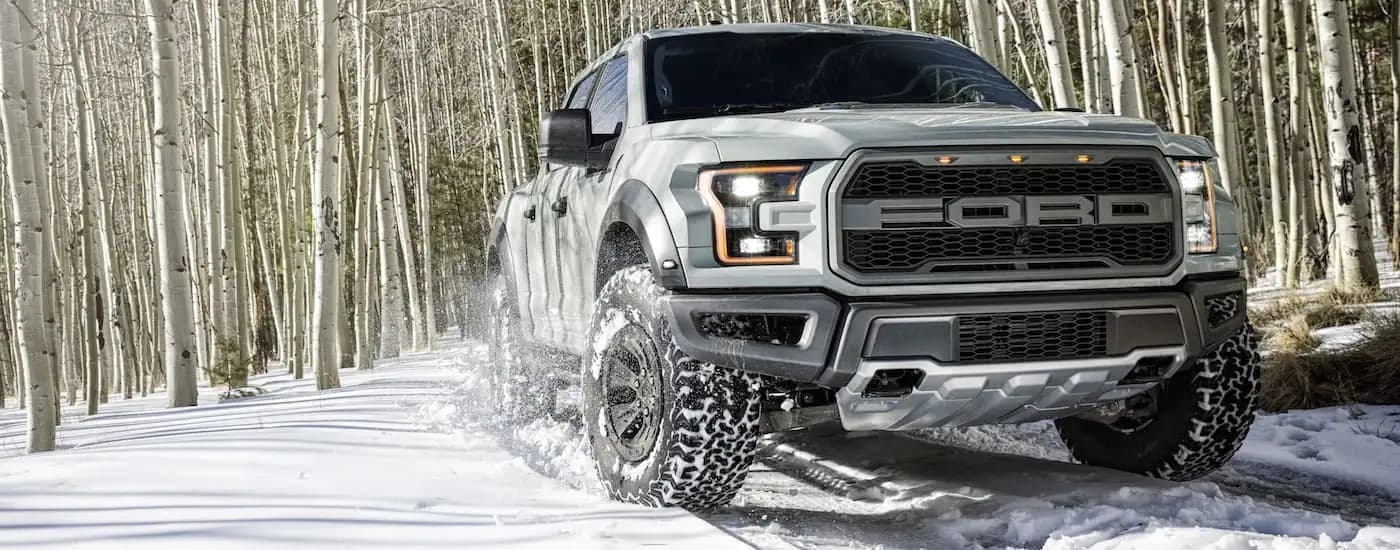 A silver 2017 Ford F-150 Raptor is shown driving on a snowy path in the woods.