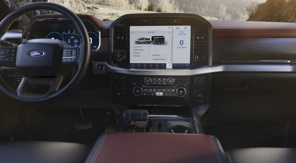 The black dash and infotainment screen in a 2023 Ford F-150.