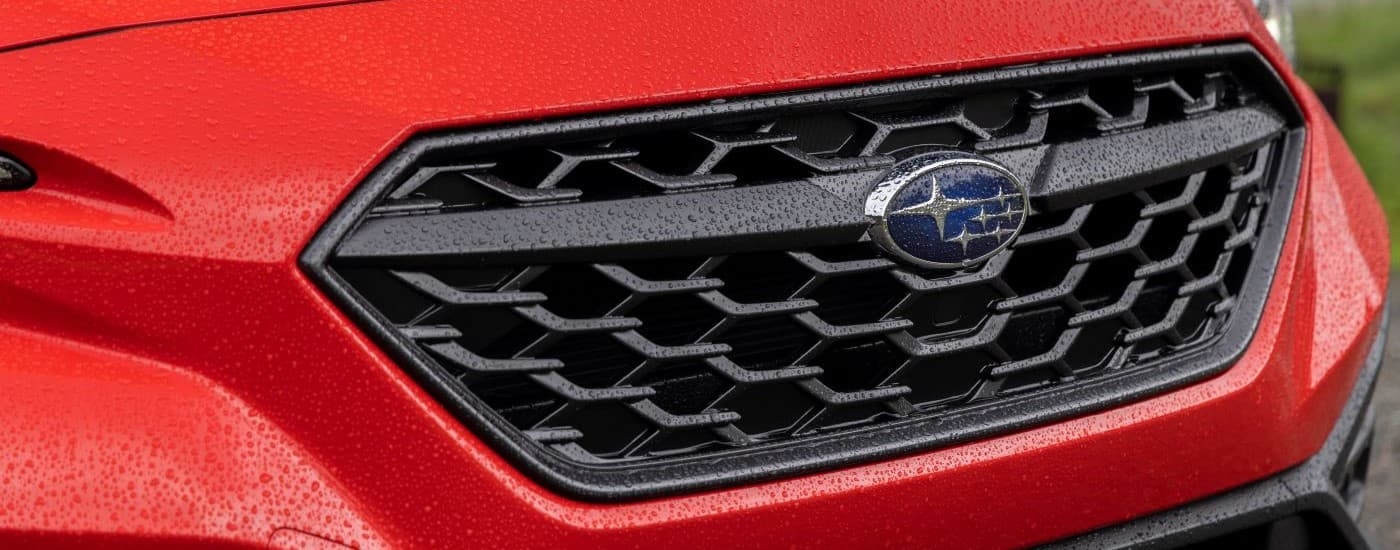 A close up shows the grille on a red 2022 Subaru WRX.