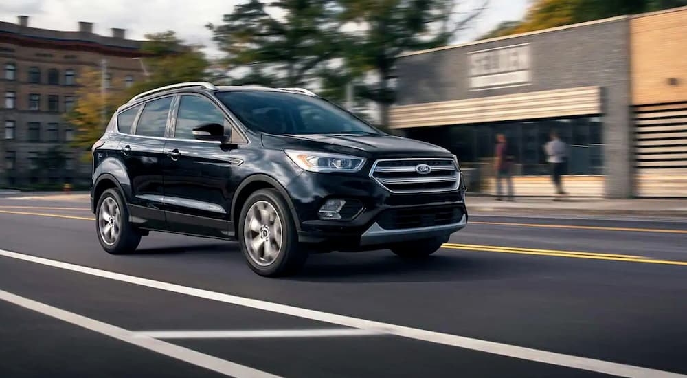 A black 2019 Ford Escape driving on a city street.