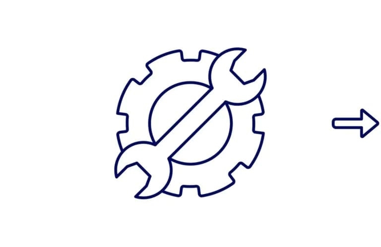 Icon drawing of a wrench over a gear with arrow pointing away