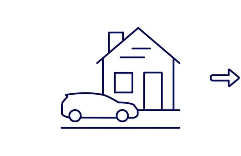 Icon drawing of a car in front of house with arrow pointing away