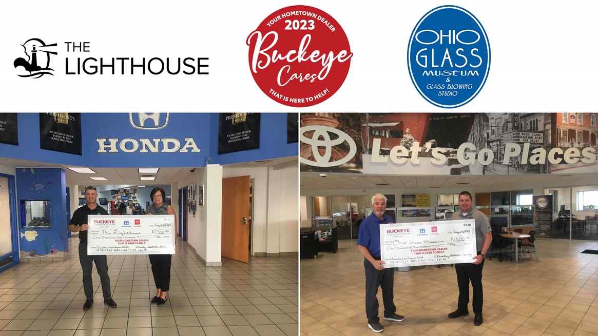 The July 2023 Buckeye Cares recipients receive their checks from Buckeye Honda and Toyota