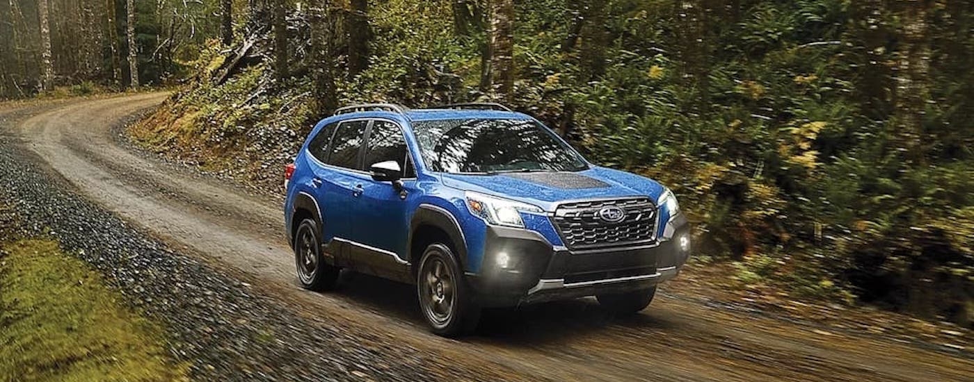 A blue 2024 Subaru Forester Wilderness is shown from the front at an angle.
