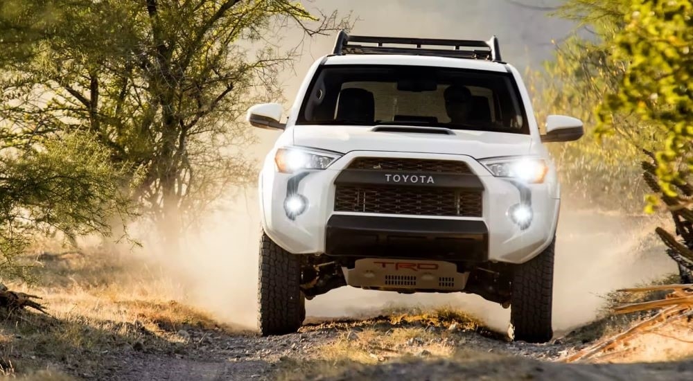 A white 2024 Toyota 4Runner TRD is shown from the front driving on a trail after leaving a Toyota dealer.