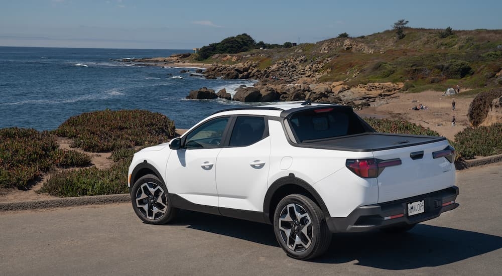 A white 2024 Hyundai Santa Cruz is shown from the rear at an angle.