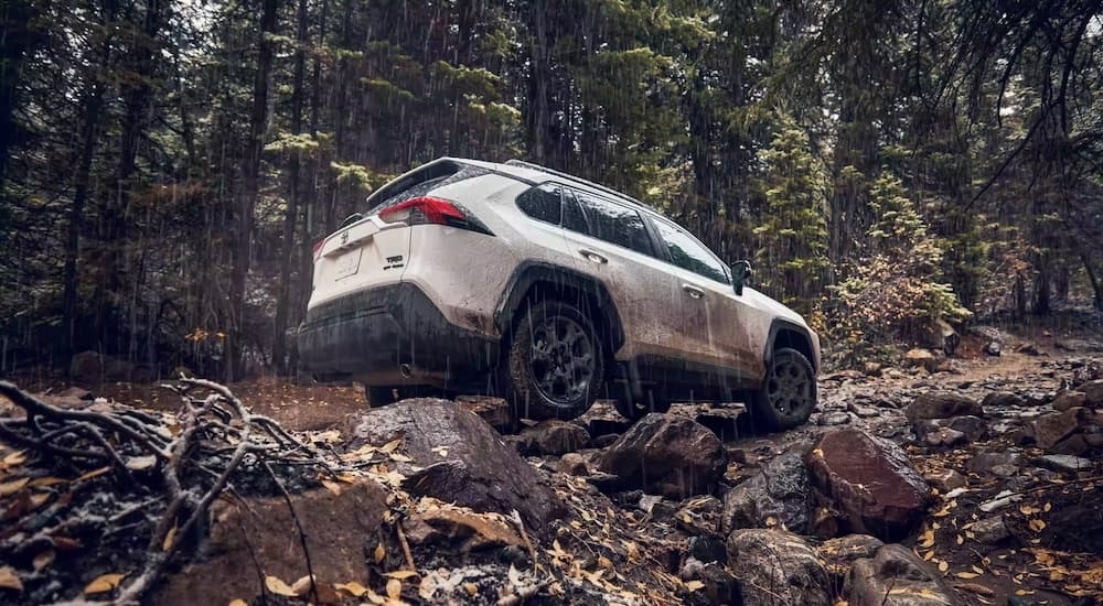 A white 2024 Toyota RAV4 TRD is shown from the rear at an angle after leaving a Toyota dealer near Franklin.