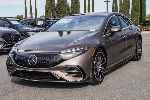 silver mercedes eqe electric sedan parked at the Mercedes-Benz of Temecula dealership in temecula, CA