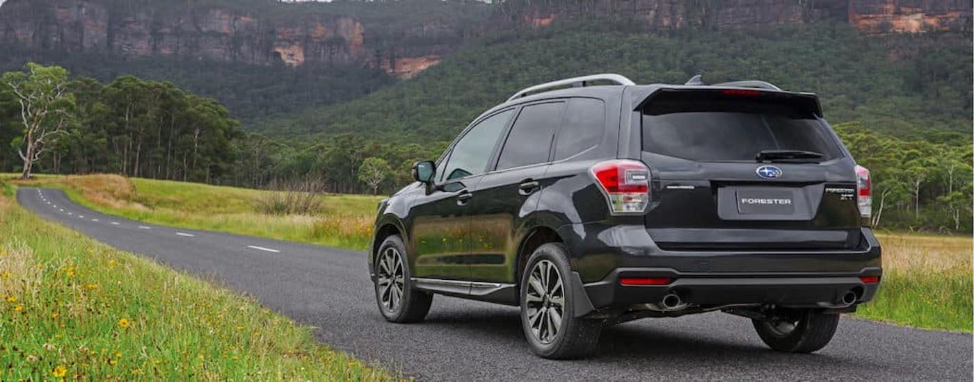 A grey 2018 Subaru Forester is shown from the rear at an angle.