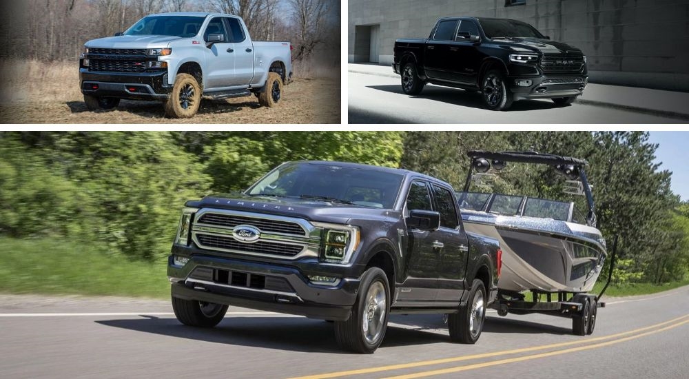 A grey Chevy Silverado 1500, a black Ram 1500, and grey Ford F-150 are shown.