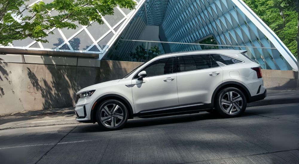 A white 2022 Kia Sorento is shown from the side after visiting a used Kia dealer near Corpus Christi.