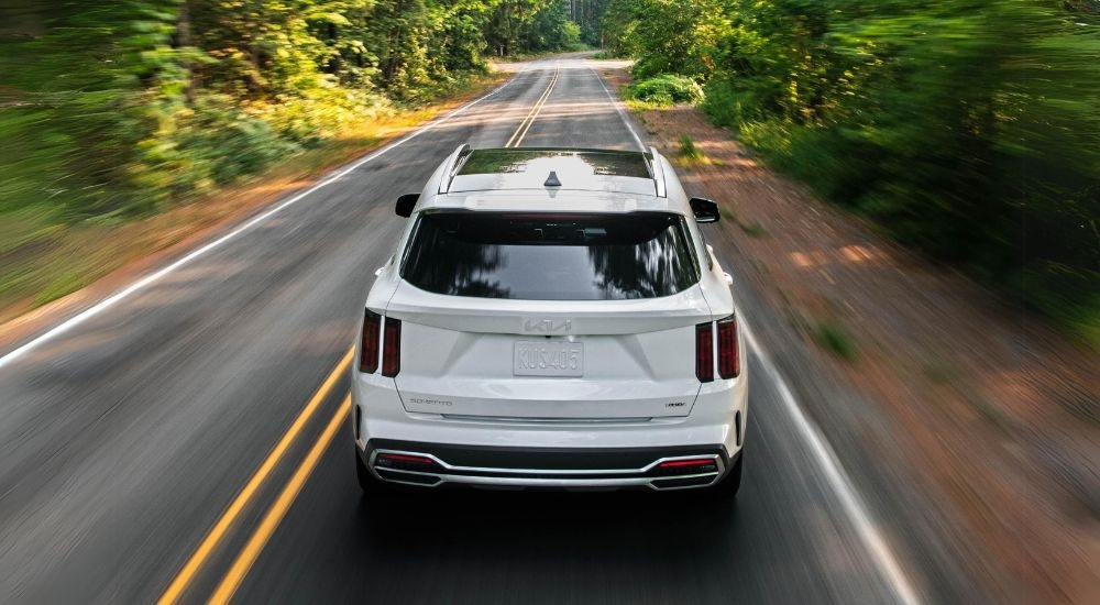 A white 2022 Kia Sorento is shown from the rear driving on a tree-lined road.