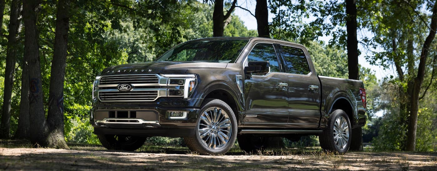 A grey 2024 Ford F-150 Platinum is shown from the front at an angle after leaving a dealer that has a Ford F-150 for sale.
