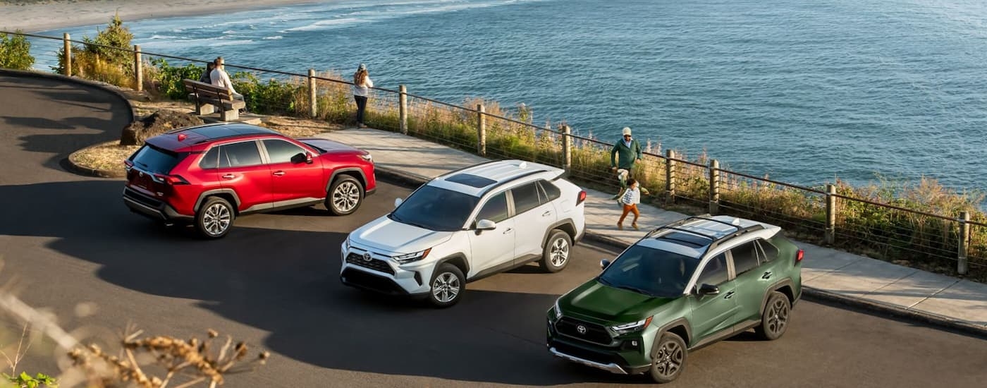 A red, a white, and a green 2024 Toyota RAV4 for sale are parked.