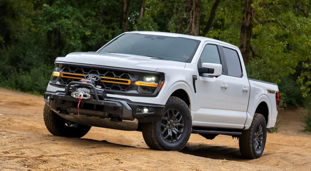 A white 2024 Ford F-150 Tremor is shown from the front at an angle.