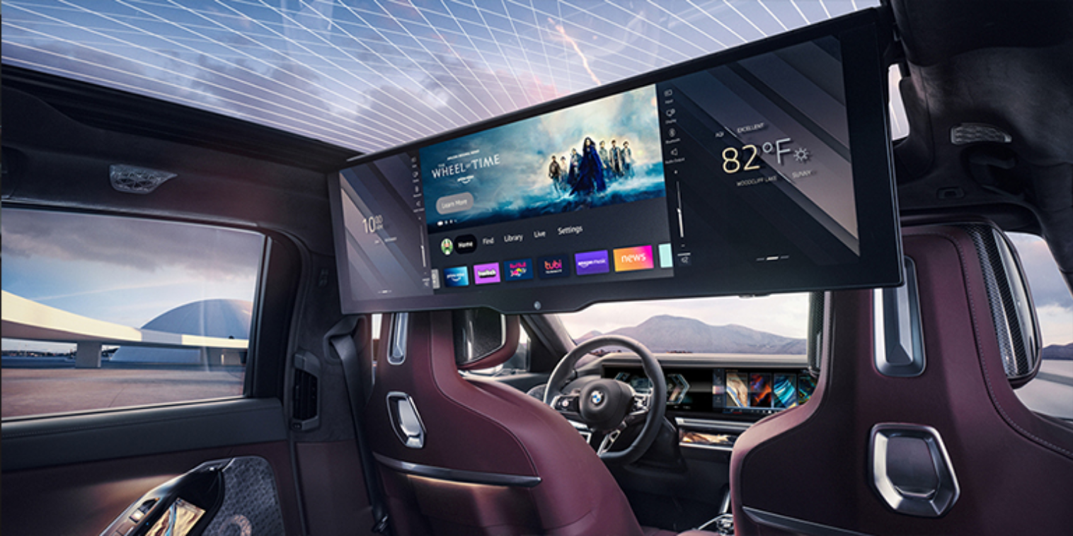 Backseat of an i7 with a BMW Theater Screen