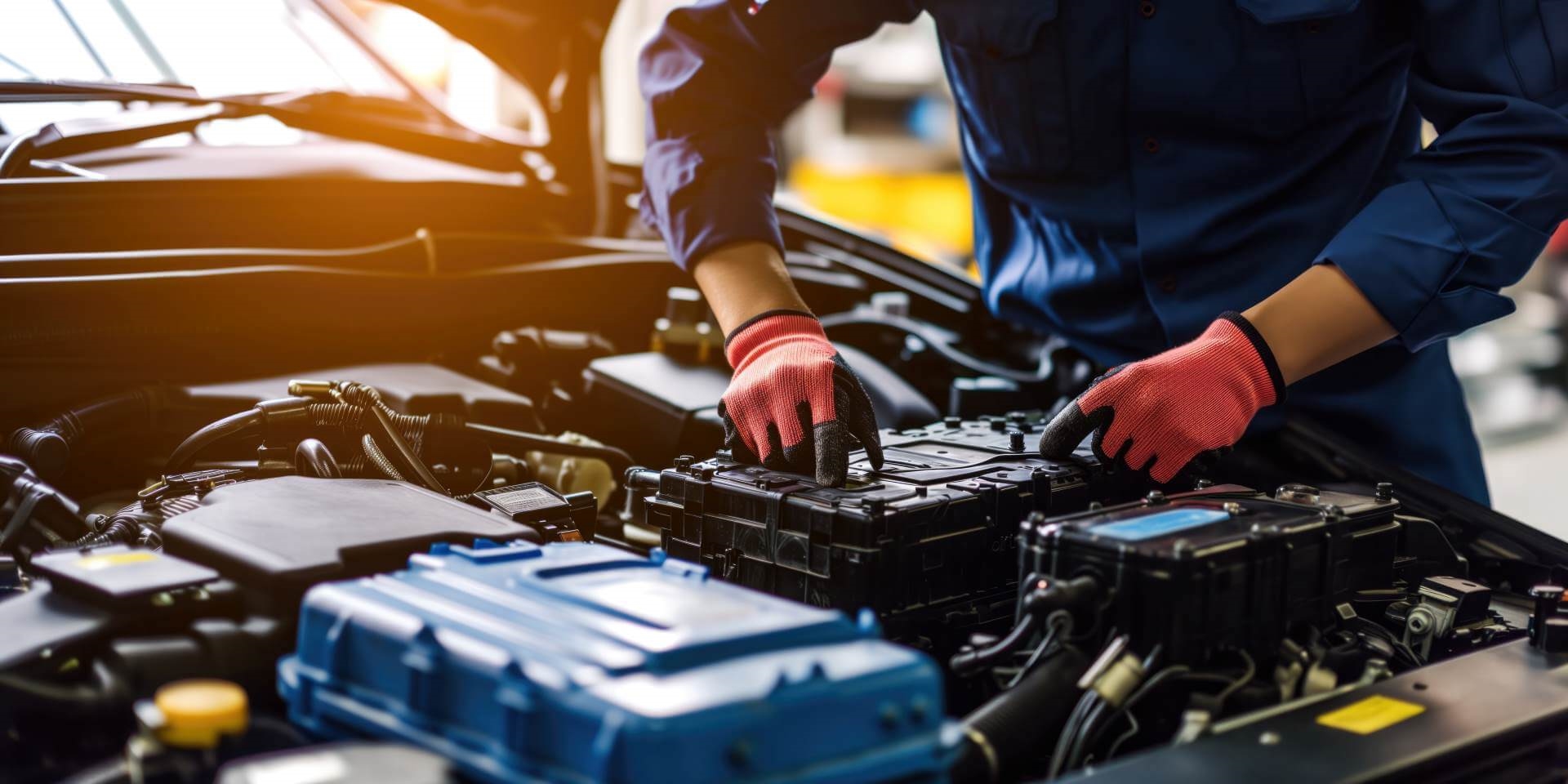 Service mechanic installing battery on a vehicle in artistic lighting