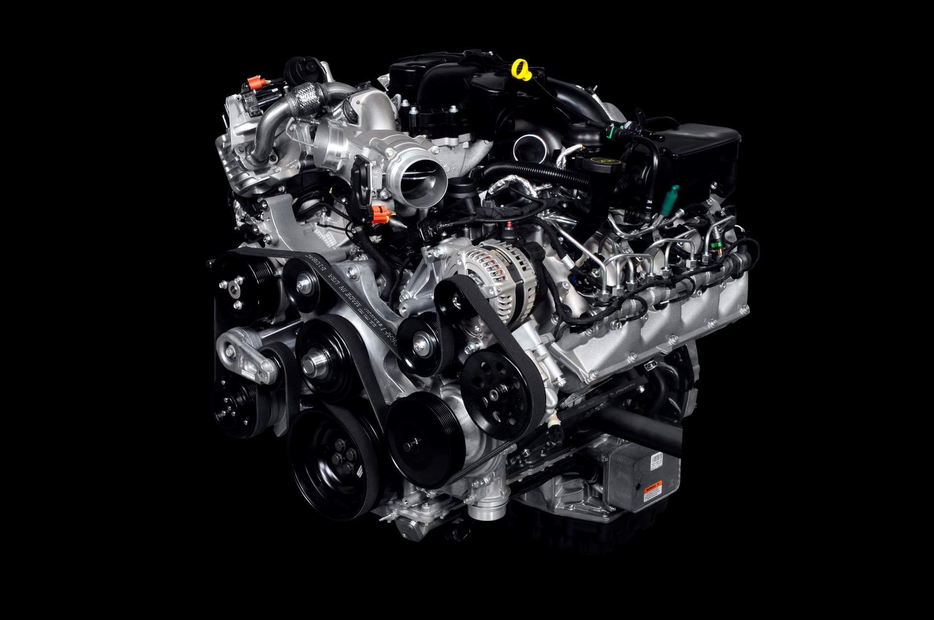 Earlier design of the 6.7L Power Stroke Diesel on black background