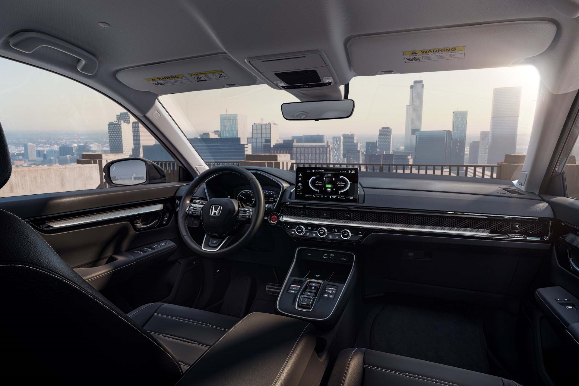 Honda CR-V with futuristic features in impressive urban skyline.