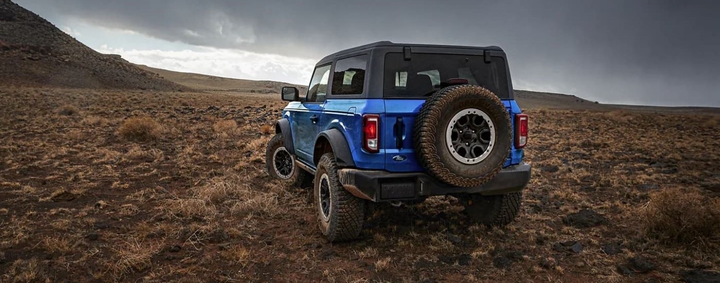 A rear view of a blue 2024 Ford Bronco Black Diamond parked off-road.