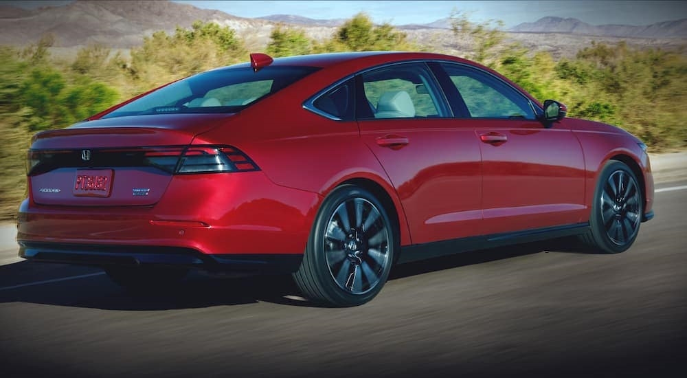 A red 2023 Honda Accord is shown from the rear at an angle.