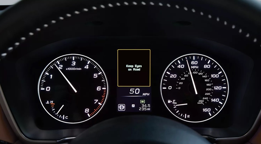 Close-up of a DriverFocus alert on the dashboard of a 2025 Subaru Legacy for sale.