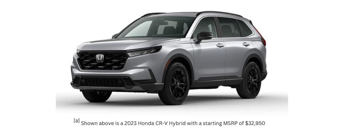A silver 2023 Honda CR-V Hybrid is angled left.