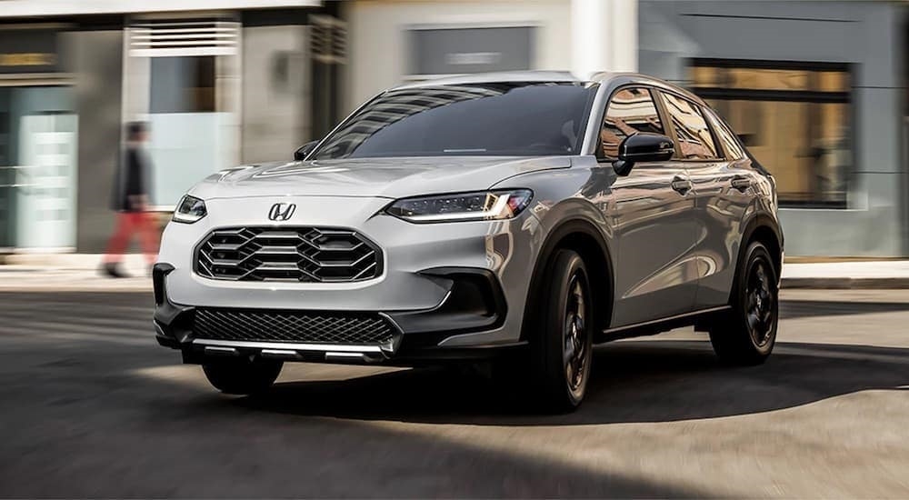 A grey 2023 Honda HR-V is shown from the front at an angle after leaving a dealer that has a Honda HR-V for sale near Lynnwood, WA.