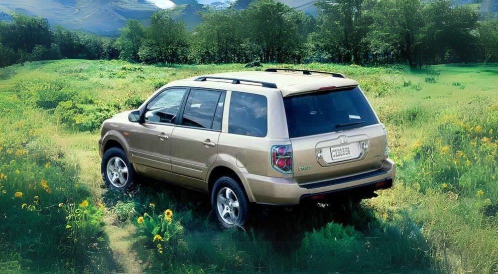 A tan 2008 Honda Pilot is shown from the rear parked on a field.