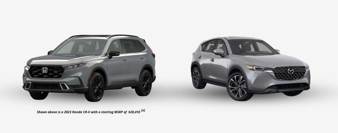 A grey 2023 Honda CR-V is angled left and a grey 2023 Mazda CX-5 is angled right.