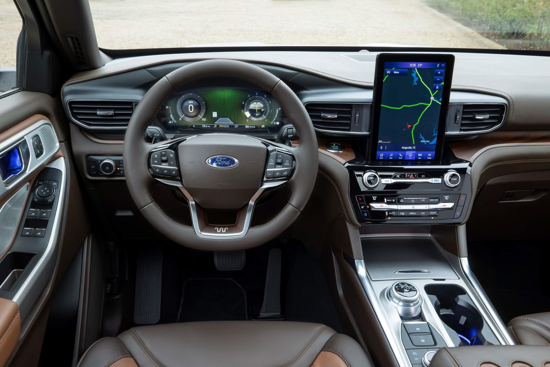 Interior of a Ford truck with King Ranch trim with premium leather seats.