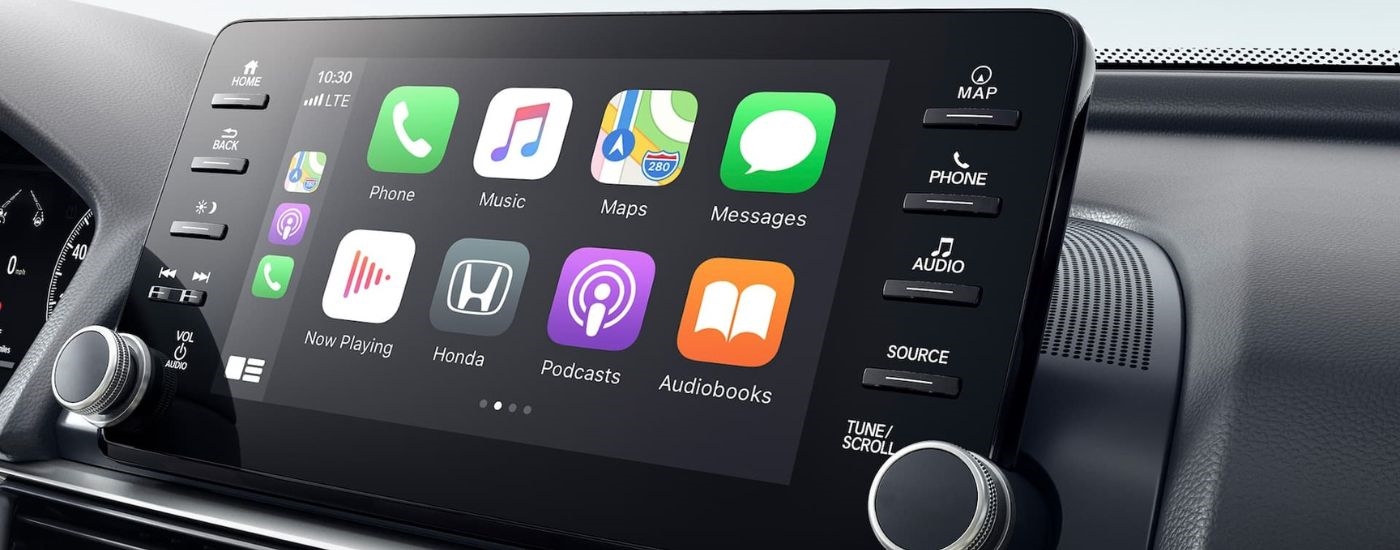 A close up shows apps on the infotainment screen in a 2021 Honda Accord.