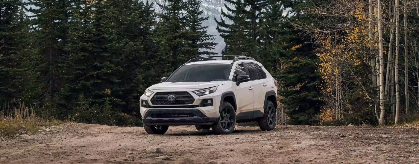 A white 2022 Toyota RAV4 for sale is shown from the front at an angle while off-road.